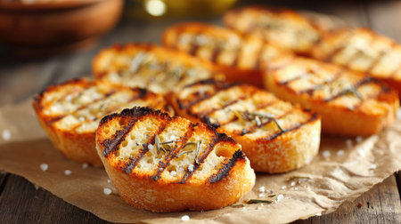 Lightly toasted bread slices lined up on parchment with visible grill marksの素材