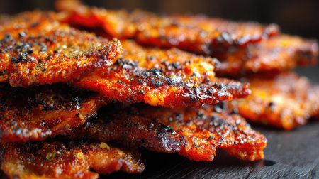 Macro image of crispy bacon showing charred edges, bubbling fat, and savory textureの素材