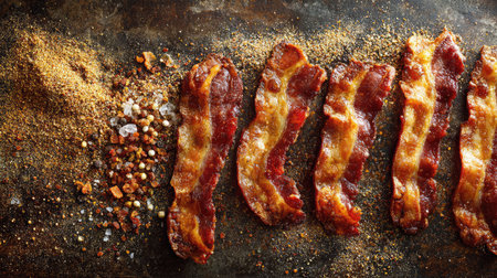 Greasy bacon crackles lined up on a rustic background with crumbs and spices aroundの素材