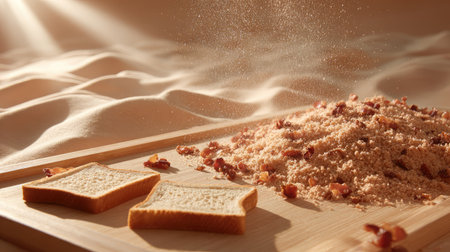 Crumbly bacon laid out on a breakfast tray with toast crumbs and seasoning dustの素材
