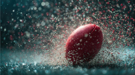 High-speed image of rugby ball hitting ground with particles flyingの素材