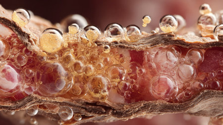 Layer of crunchy bacon filling the frame with detailed texture and crispy bubblesの素材