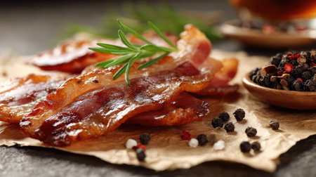 Freshly grilled bacon served on wax paper with a side of black peppercorns and herbsの素材