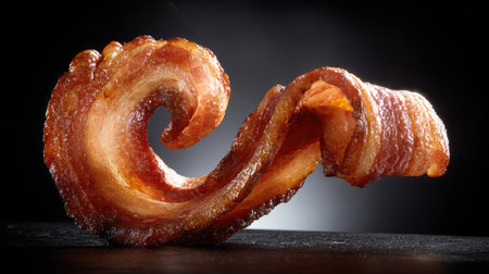 Isolated bacon slice on black stone background, emphasizing its curl and textureの素材
