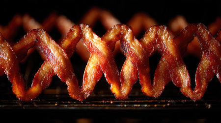Golden bacon strips arranged geometrically on a baking rack with sharp lightingの素材