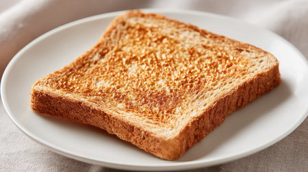 Isolated toast with golden crisp texture on a white plate against neutral backdropの素材