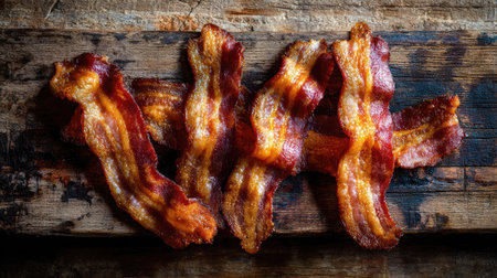 Overhead view of curled bacon strips with crunchy texture and rich color tones on a wooden boardの素材