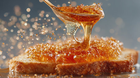 Honey being drizzled onto toast, frozen mid-pour with crispy texture in focusの素材