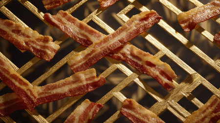 Golden bacon strips arranged geometrically on a baking rack with sharp lightingの素材