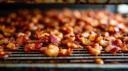 Hot bacon pieces resting on a cooling rack with paper towels soaking excess oil underneathの素材