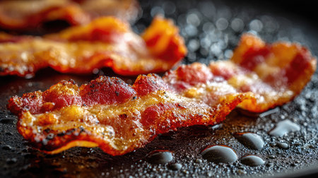 Macro image of crispy bacon showing charred edges, bubbling fat, and savory textureの素材