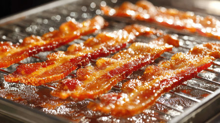 Freshly fried bacon strips cooling on a metal rack with grease droplets belowの素材