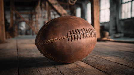 Classic-style stitched rugby ball resting on wooden gym floor with vintage lookの素材