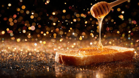 Honey being drizzled onto toast, frozen mid-pour with crispy texture in focusの素材