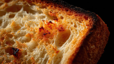 Macro shot of toast surface showing crispy edge, crumb structure, and burnt spotsの素材