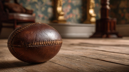 Classic-style stitched rugby ball resting on wooden gym floor with vintage lookの素材