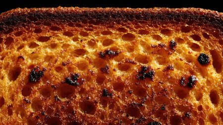 Macro shot of toast surface showing crispy edge, crumb structure, and burnt spotsの素材
