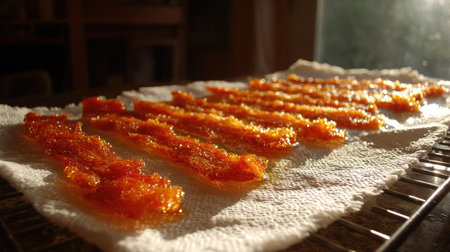 Hot bacon pieces resting on a cooling rack with paper towels soaking excess oil underneathの素材