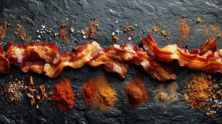 Greasy bacon crackles lined up on a rustic background with crumbs and spices aroundの素材