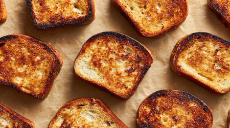 Lightly toasted bread slices lined up on parchment with visible grill marksの素材