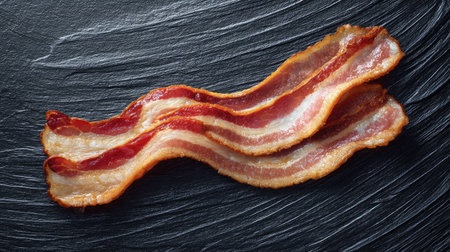 Isolated bacon slice on black stone background, emphasizing its curl and textureの素材