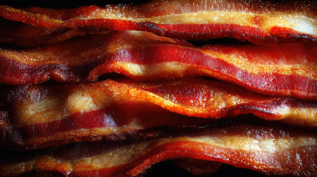 Juicy bacon slices folded and stacked with crispy texture and deep red tonesの素材