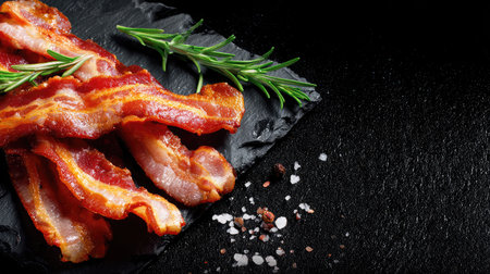 Strips of bacon served on black slate with oil streaks and garnish for contrastの素材