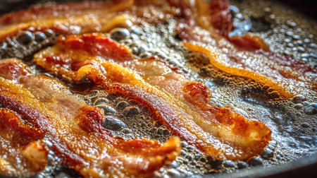 Pan-fried bacon sizzling in its own fat with detailed bubbles and edge crispnessの素材