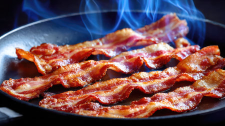 Overhead view of hot, crispy bacon with steam rising from a non-stick panの素材