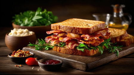 Perfectly crisp bacon layered on a sandwich board with condiments and toasted breadの素材