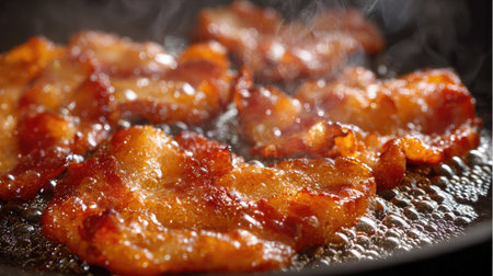 Pan-fried bacon sizzling in its own fat with detailed bubbles and edge crispnessの素材