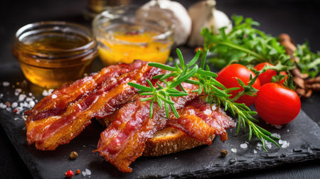 Perfectly crisp bacon layered on a sandwich board with condiments and toasted breadの素材