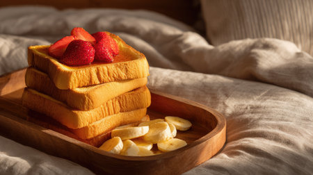 Stack of warm toast on a breakfast tray with sliced fruit in backgroundの素材