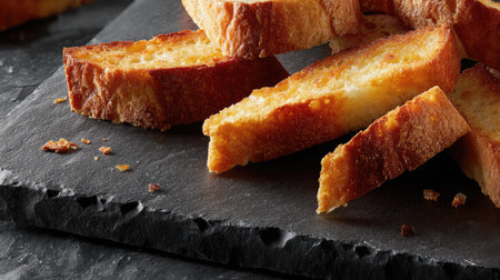Toast pieces on slate board with a focus on crust detail and burnt tipsの素材