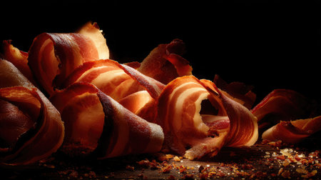 Studio-lit shot of bacon curled naturally in a dramatic setting with crisp focusの素材