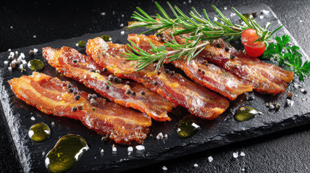 Strips of bacon served on black slate with oil streaks and garnish for contrastの素材