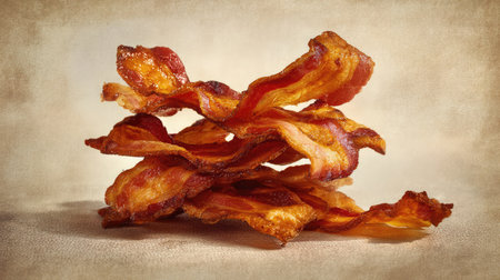 Stack of bacon strips in abstract arrangement over a textured paper backgroundの素材