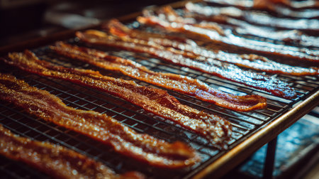 Rows of bacon crisps ready to be plated, resting on a wire rack over baking sheetの素材