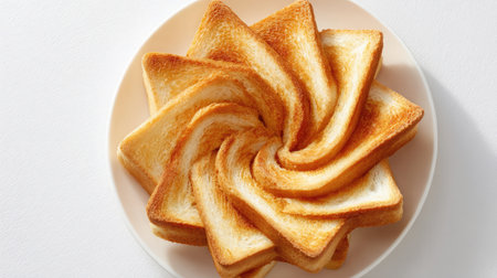 Toast slices cut into triangles arranged in spiral pattern on minimalist dishの素材