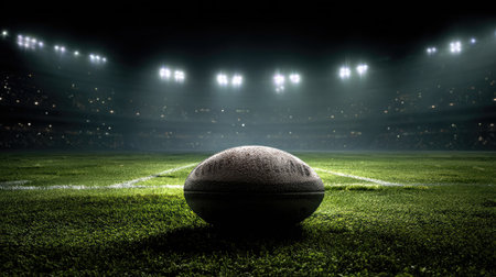 Rugby ball centered on a green turf with dramatic shadows and stadium lights in backgroundの素材
