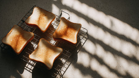 Sliced toast cooling on wire rack with soft overhead lighting and natural shadowsの素材