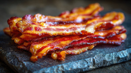 Slices of crisp bacon laid out on a sandwich board with visible crackle textureの素材