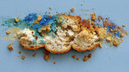 Toast presented in abstract fashion with artistic arrangement of crumbs and crustsの素材