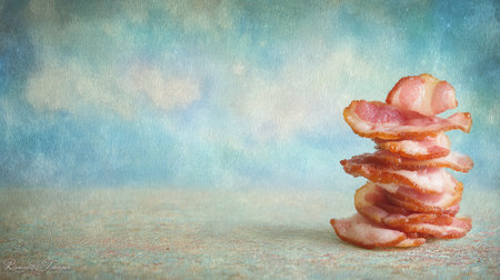 Stack of bacon strips in abstract arrangement over a textured paper backgroundの素材