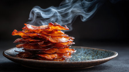 Stack of crispy bacon slices on a rustic ceramic plate with smoke rising and oil glisteningの素材