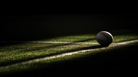 Side-lit rugby ball creating long dramatic shadow on grass fieldの素材