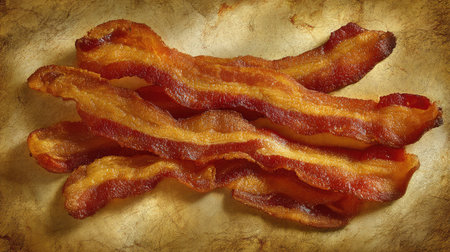 Stack of bacon strips in abstract arrangement over a textured paper backgroundの素材