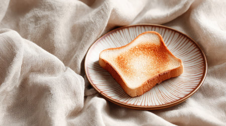 Single slice of toast on elegant plate placed on textured linen tableclothの素材