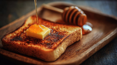 Warm toast placed beside butter curls and a drizzle of honey on a wooden trayの素材