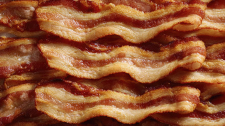 Uniform rows of crispy bacon laid out with grease marks and curling endsの素材